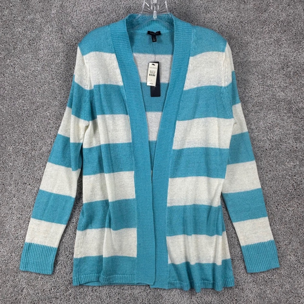 Talbots Blue White Striped 100% Linen Open Front Cardigan Sweater Large NWT
